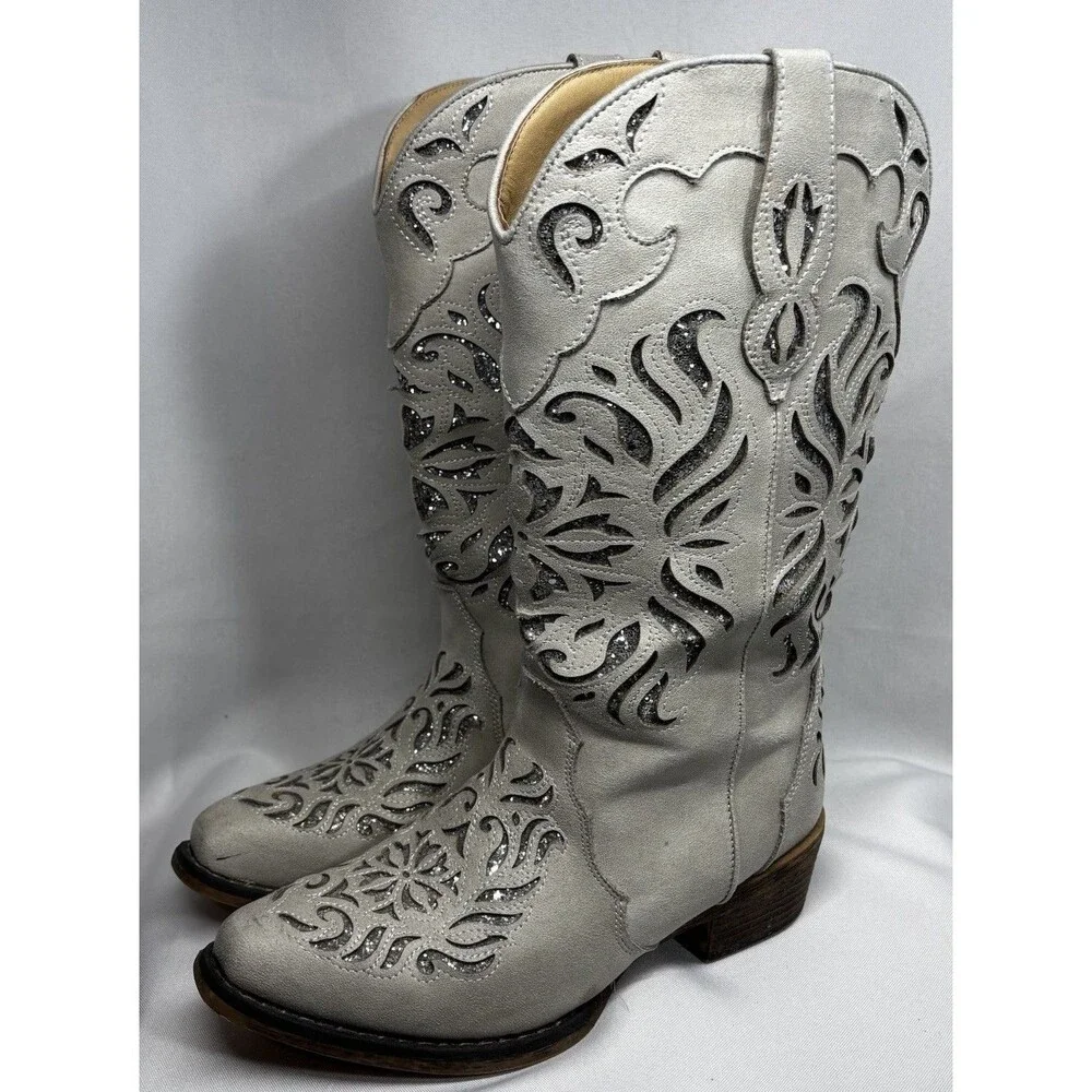 Roper Women’s Riley Glitz Cowboy Boots White Silver Glitter Cutout Snip Toe 7